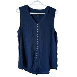 Papillon Sleeveless Layered Button Front V-Neck Navy Blue Top Women's XL